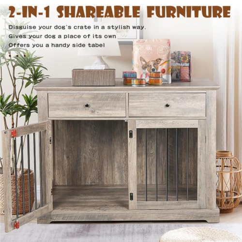 44 inch Wooden Dog Crate with 2 Storage Drawers (Grey / 44.5"L x 23.6"W x 34.5"H)