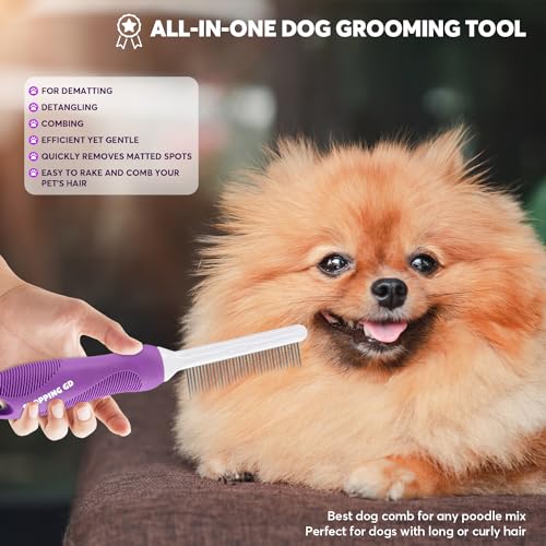 Detangling Pet Comb for Dogs & Cats with Long & Short Stainless Steel Metal Teeth for Removes Tangles and Knots