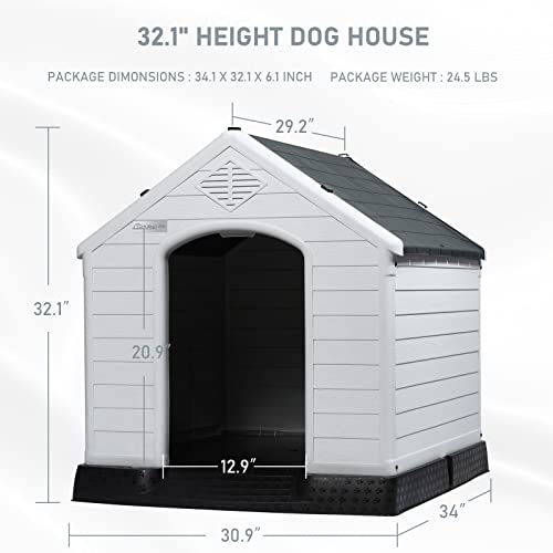 Durable Waterproof Plastic Dog House for Small to Large Sized Dogs (Gray / 34"L x 31"W x 32"H)