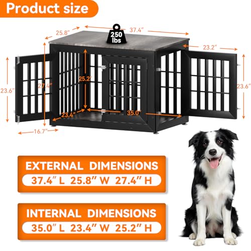 38" Heavy Duty Dog Crate Furniture for Large (37.4"L x 25.8"W x 27.4"H / Black+Grey)