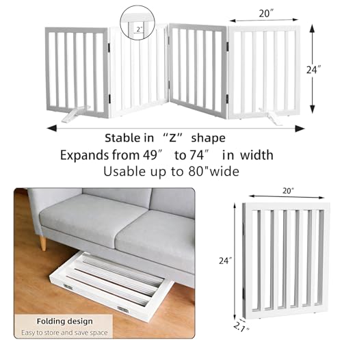Freestanding Indoor Dog Gate for House Foldable Wood White Puppy Gate for Doorways Pet Gate for Stairs Extra Wide Pet Fence 24" Height 4 Panels (White / 【4 Panels】80''w x 24''h)