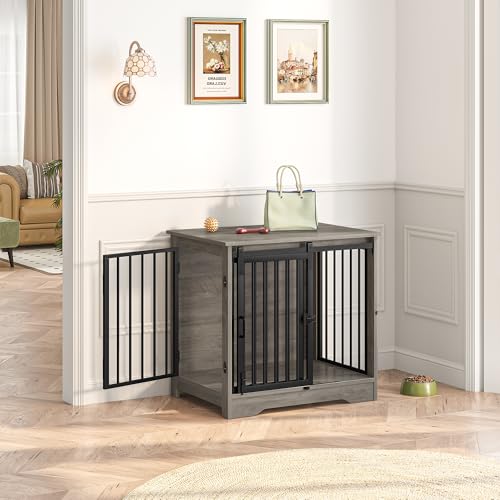 27.2" S Dog Crate Furniture Indoor Dog Kennel with Barn Door (Greige / 27.2"L x 19.3"W x 25.4"H)