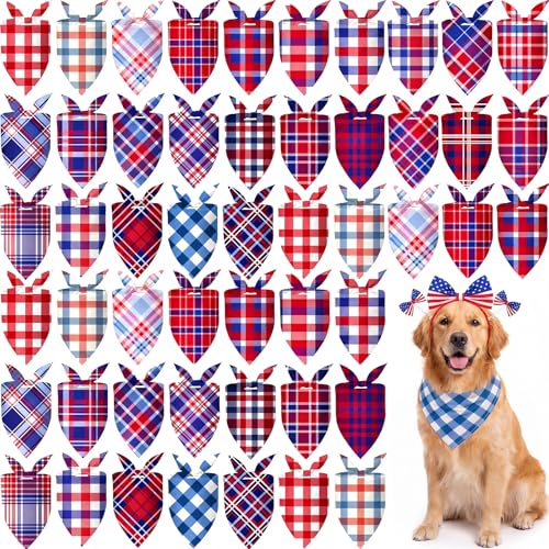50 Pcs Veterans Day Dog Bandanas Bulk (Red White Blue Plaid / 31.5 x 21.7 x 21.7")