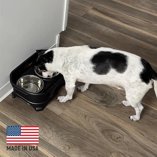 Express Mess Proof Dog Bowls Elevated for Small Breed (Small w/ Metal Slow Feed Bowl / Midnight Black)