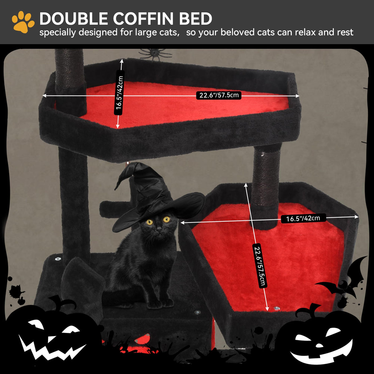 Gothic Cat Tree with Coffin Bed (Black and Red / 63inch)