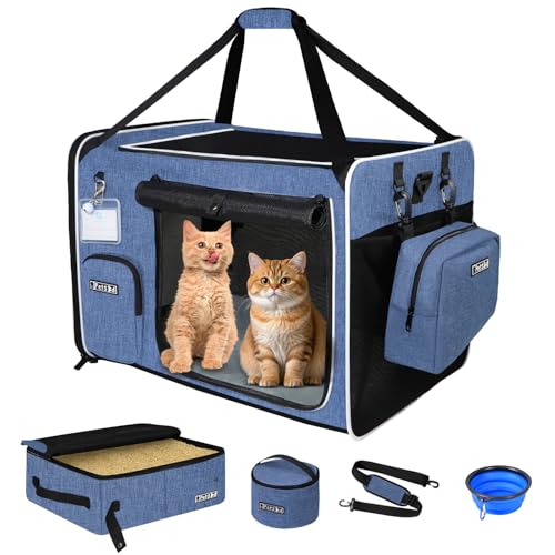 Extra Large Cat Carrier with Litter Box for Car Travel (Blue)