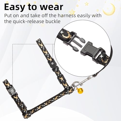 Adjustable Cat Harness and Leash Set Escape Proof Kitten Strap Collar for Walking Travel (Medium / Black(Moon&Star))