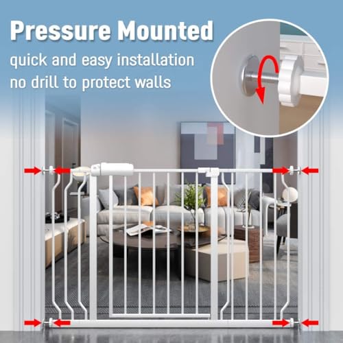 Extra Wide Pressure Mounted Baby Gate Walk Through Child Kids Safety Toddler Tension White Long Large Pet Dog Gates with Extension for doorways Kitchen (White / 24.01-29.13/61-74cm)