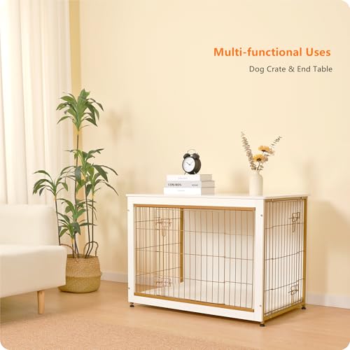 38.5" XL Dog Crate Furniture with Cushion (White+Gold / 38.5"L x 25.6"W x 26.8"H)