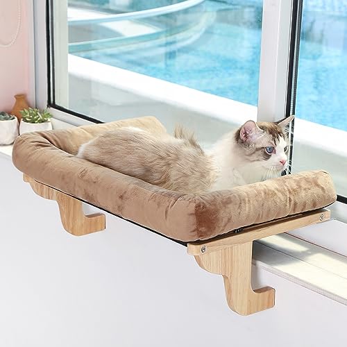 Cat Perch for Windowsill with Bolsters (Natural Color Wood with Brown Bed / 26.4''L x 15''W)