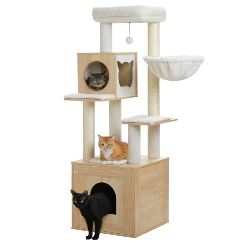57.5" Cat Tree with Litter Box Enclosure (Beige / XL(18.9"L x 18.9"W x 57.5"H))
