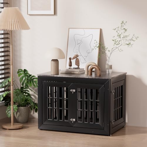 38" Heavy Duty Dog Crate Furniture for Large (37.4"L x 25.8"W x 27.4"H / Black+Grey)