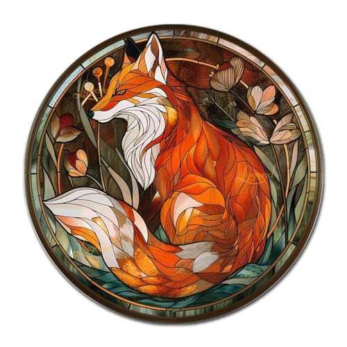 Metal Sign Tin Sign Circular Stained Glass Red Fox Funny Garden Signs for Garden 8×8 Inches (8×8 Inches / Red Fox-1)