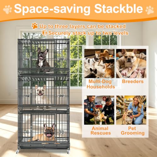 2 Pack Three Tier 37" Heavy Duty Stackable Dog Crate with Wheels (37"L x 22.5"W x 29.5"H - 3 Tiers - 2 Pack)