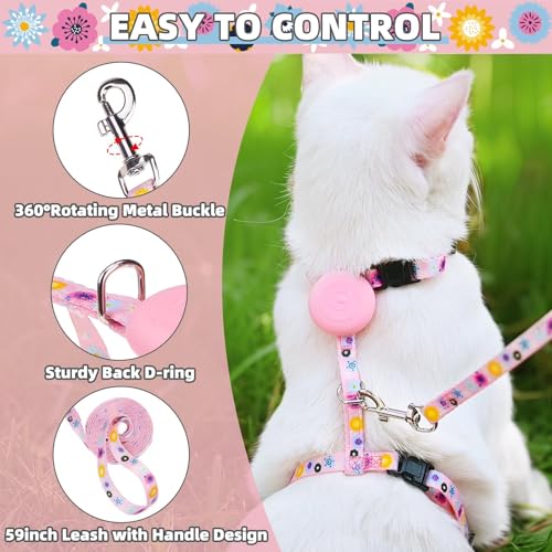 Adjustable Cat Harness and Leash Set Escape Proof Kitten Strap Collar for Walking Travel (Medium / Pink(Floral))