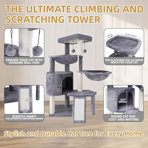 Three Layer Cat Tree with Cat Condo and Two Hammocks (Small / Grey)