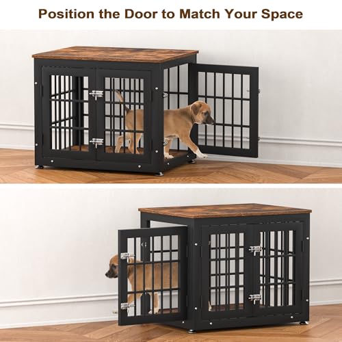 26" Heavy Duty Dog Crate Furniture for Small Dogs (Black + Rustic Brown / 26.0"L x 20.5"W x 22.0"H)