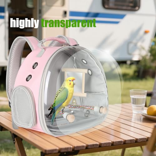 Portable Parrot Travel Cage Carrier with Mirror Standing Toy Set Small Bird Parakeet Bag with Standing Perch Bird Carry Transport Bag (Pink / 12.0"L x 8.0"W x 12.0"H)