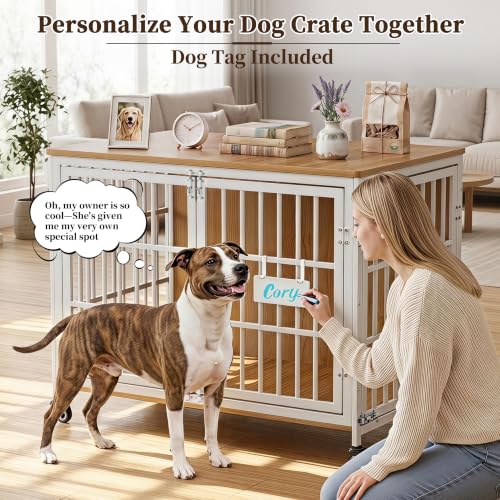 42 in Heavy Duty Dog Crate Furniture on Lockable Wheels (White & Beech / 42.1"L x 29.3"W x 31.2"H)
