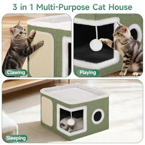 Cat House Bed for Indoor Cats with Fluffy Ball and Scratch Pad Green (Green / Large)