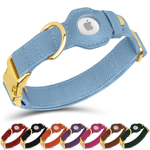 Leather Airtag Dog Collar (Cornflower / S, 12"-15" Neck Fit)
