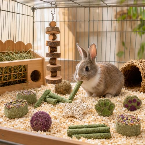Rabbit Toys Guinea Pig Toys 17Pcs Natural Timothy Hay Bunny Chews and Treats for Hamster Chinchilla Gerbil (17 Pcs)