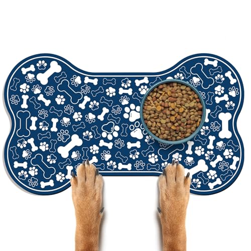 Dog & Cat Food Mat Bone Shaped Pet Feeding Mat Quick Absorb Water Bowl Placemat with Rubber Backing Indoor Floor Stain Resistant Pet Accessory Supplies (Blue / 17"L x 17"W)