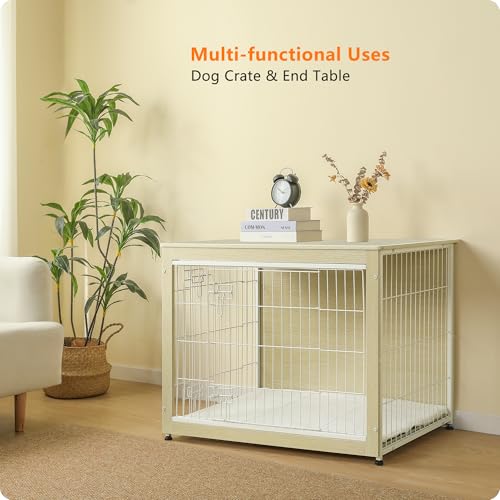 38.5" XL Dog Crate Furniture with Cushion (White Oak / 38.5"L x 25.6"W x 26.8"H)