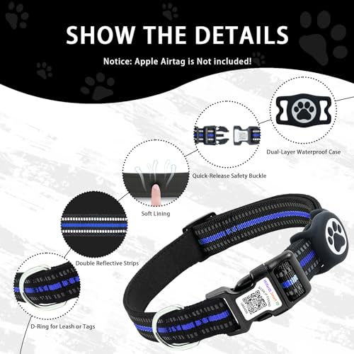 Dog Collar with Tracker Holder and QR Code ID (Blue / M (13-22"))