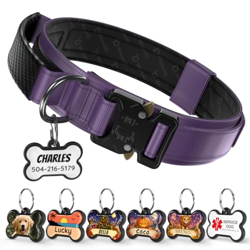 Personalized Tactical Dog Collar with Custom Photo Name for Medium Dogs (Purple / M: Fits Neck 14.5"-18.5")