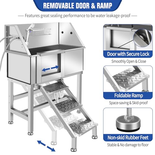 Dog Washing Station 34'' Stainless Steel Pet Grooming Tub for Large Dogs Over (34" L-RAMP)