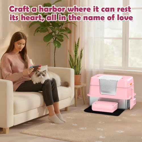 Pink Stainless Steel Covered Cat Litter Box (Pink((With Mat&Step))