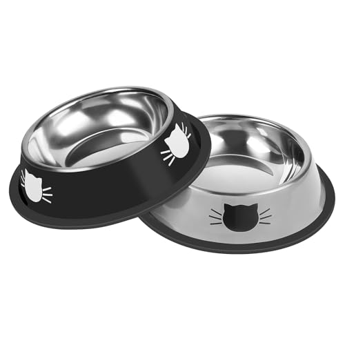 2 Pcs Non Slip Stainless Steel Small Food Bowls (Silver, Black / 7 oz)
