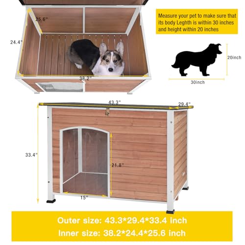 Dog House Outdoor & Indoor Wooden Dog Kennel for Winter with Raised Feet Weatherproof for Small & Medium & Large Dogs (43.3"Light Brown)