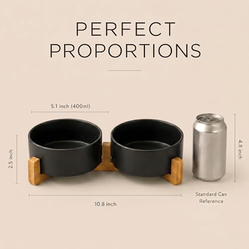 Ceramic Dog and Cat Bowl Set with Wooden Stand (1.7 cups / Black × 2)