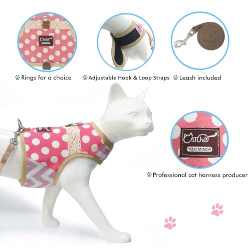 Cat Harness and Leash Set Escape Proof (Pink Polka Dots / M 5.5-9 lbs)