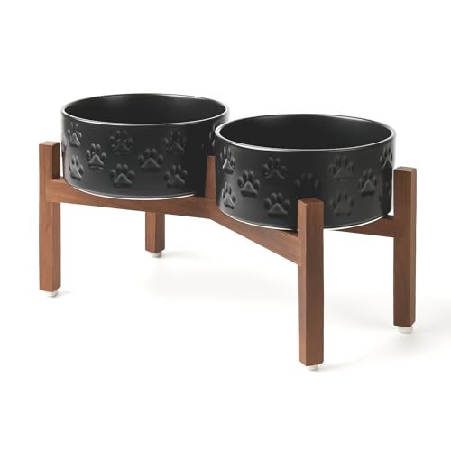 Ceramic Elevated Dog Bowl Set with Acacia Wood Stand for Food and Water for Medium Dogs (42.27 Oz / Dog Paw Black)