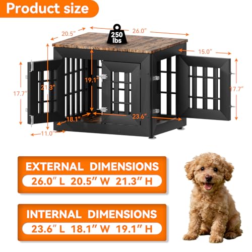26" Heavy Duty Dog Crate Furniture for Small (26.0"L x 20.5"W x 21.3"H / Black+Brown)