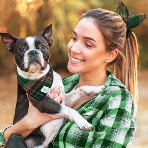 Christmas Dog Bandana & Matching Scrunchie Green Red Plaid Pet Dog Scarf Cute Dogs Costumes Accessories for Small Medium Large Dogs (green red plaid / Small-set of 1)