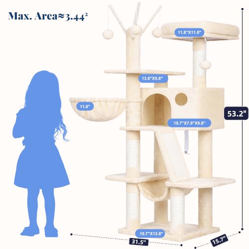 Cat Tree Tower with Padded Platform Bed (53 Inch / Beige)