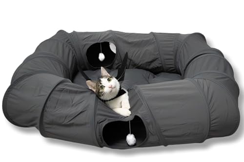 4 Ways Shuttled XL Cat Tunnel Bed for Indoor Cats Peekaboo Cat Cave Donut with Cool Mat (Extra Large / Dark Gray)