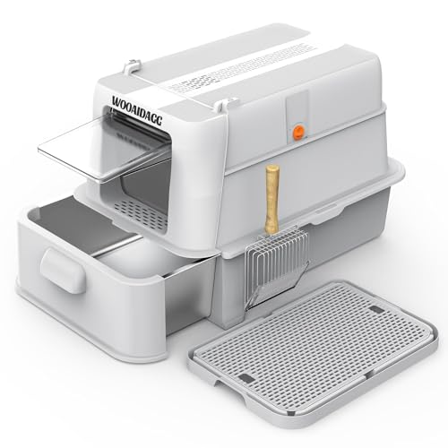 Enclosed Stainless Steel Cat Litter Box with Odor Control (Light Grey)