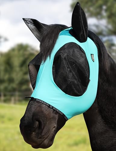 Horse Fly Mask with Forelock Opening Stretch Breathable and Comfortable for Horses UV (Turquoise Green / L)