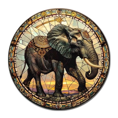Metal Sign Tin Sign Circular Stained Glass Elephant Garden Tin Sign for Yard 8×8 Inches (8×8 Inches / Elephant)