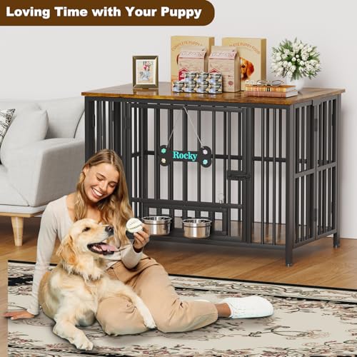 Foldable Dog Crate Furniture for Large Dogs 35 (Rustic Brown / 41.3"L x 25.6"W x 28.6"H)
