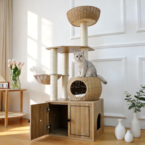 56.7" Tall Rattan Cat Tree for Indoor Cats (21.7"L x 15.6"W x 56.7"H)