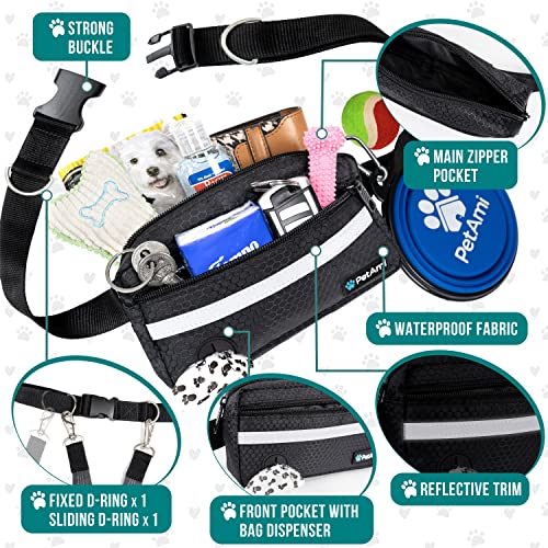 Hands Free Dog Leash Waist Belt Bag Fanny Pack (Black / 2 Leashes)