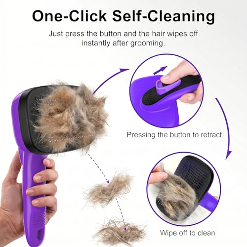 Self Cleaning Slicker Brush for Dog and Cat Shedding (Purple)