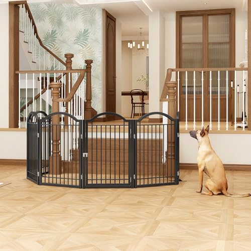 Metal No Assembly Freestanding Dog Gate with Door Walk Through (Black / 5 panels)
