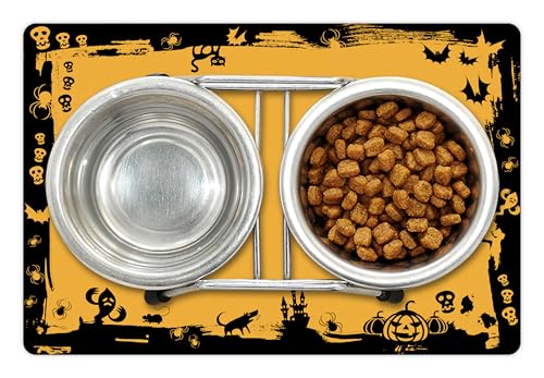 Halloween Pet Mat for Food and Water (Yellow Black)